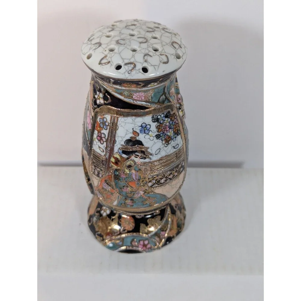 Vtg Satsuma Japan Hat Pin Holder Sugar Shaker Heavy Gold Moriage Geisha 6.25